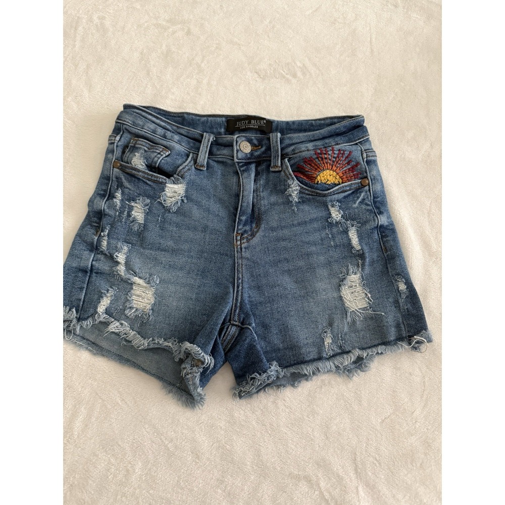 Judy Blue‎ Small Distressed Denim Shorts Embroidered Sun Raw Hem High Rise